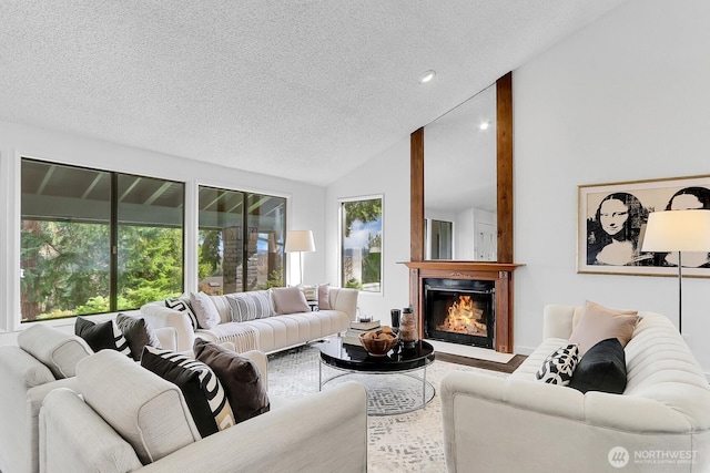 living area with a glass covered fireplace, lofted ceiling, a textured ceiling, and wood finished floors