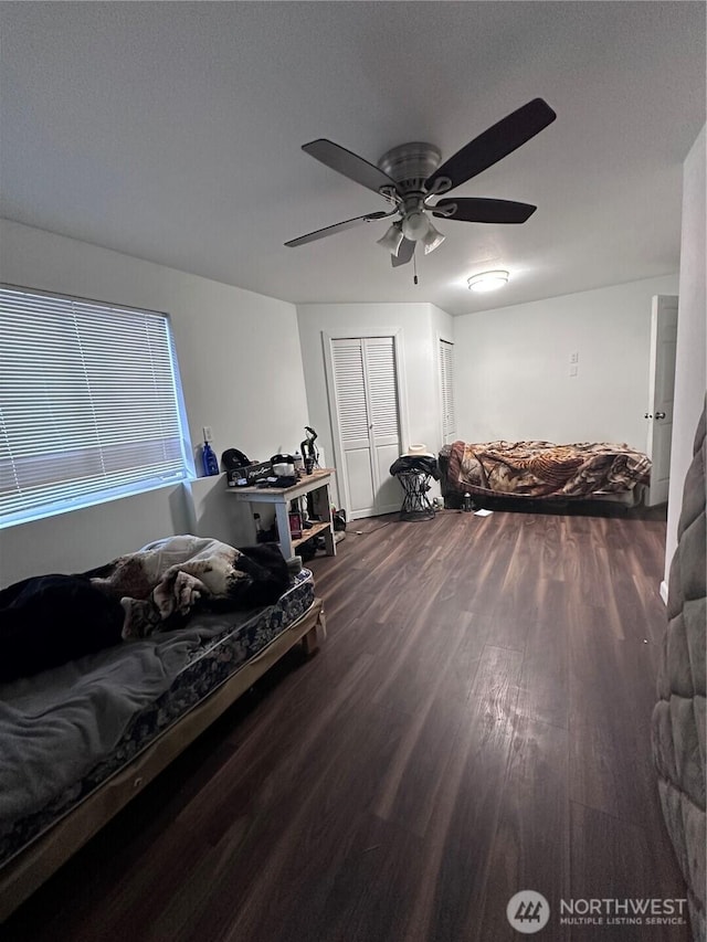 bedroom featuring dark wood finished floors and ceiling fan