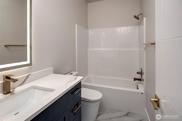 bathroom with vanity, toilet, shower / tub combination, and marble finish floor