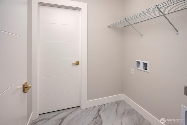 washroom featuring laundry area, baseboards, hookup for a washing machine, and marble finish floor
