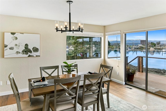 dining room with visible vents, baseboards, a water view, a chandelier, and wood finished floors