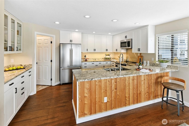 kitchen featuring dark wood-style floors, appliances with stainless steel finishes, a peninsula, and a sink