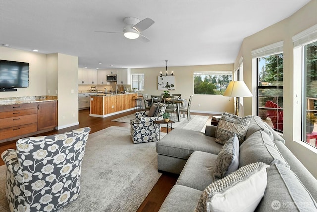 living room featuring recessed lighting, baseboards, dark wood-style flooring, and ceiling fan with notable chandelier