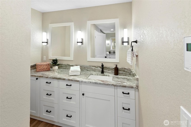 bathroom featuring wood finished floors, vanity, and a textured wall