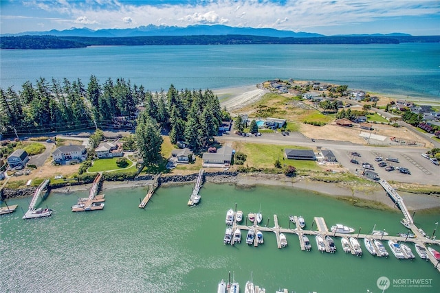 bird's eye view with a water and mountain view