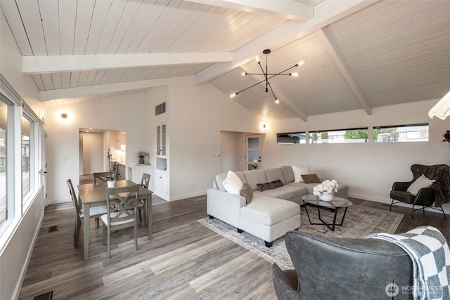 living room featuring a chandelier, wood finished floors, visible vents, baseboards, and beam ceiling