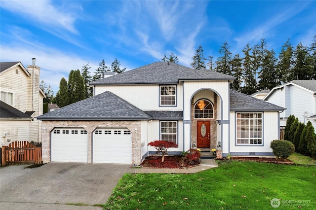 view of front of home with driveway, a shingled roof, crawl space, an attached garage, and a front lawn