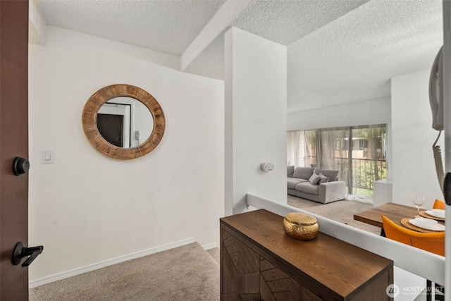 interior space with light colored carpet, a textured ceiling, and baseboards