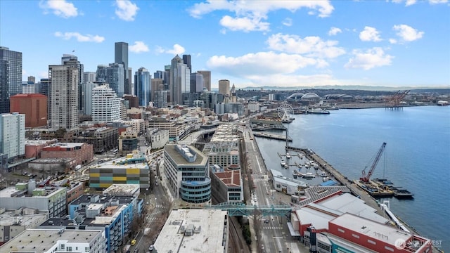 exterior space featuring a city view and a water view