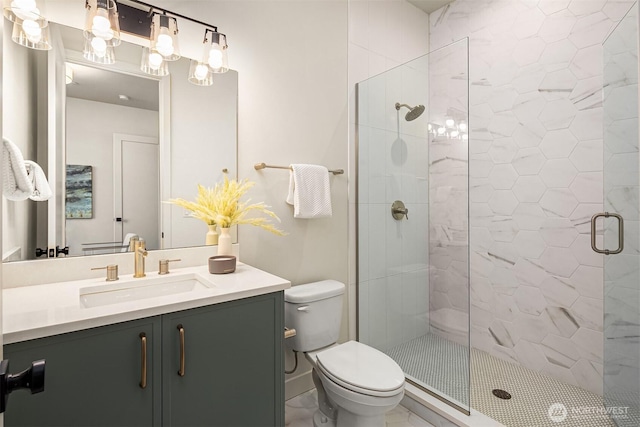 full bath featuring vanity, a shower stall, and toilet