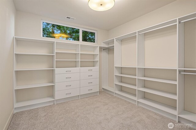 walk in closet with light carpet and visible vents