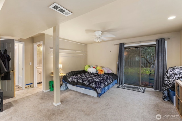 bedroom with recessed lighting, visible vents, ceiling fan, and light carpet