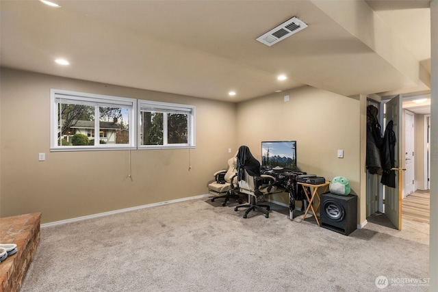 office space with light carpet, baseboards, visible vents, and recessed lighting