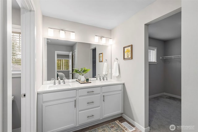 bathroom featuring a spacious closet, double vanity, a sink, and baseboards