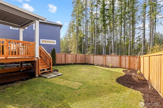 view of yard with a fenced backyard and a wooden deck