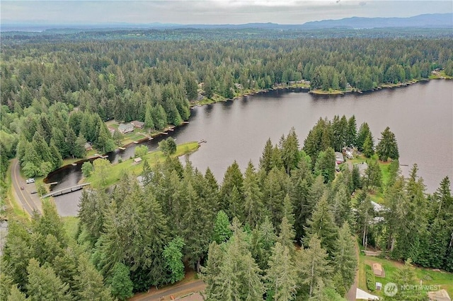 aerial view with a forest view and a water and mountain view