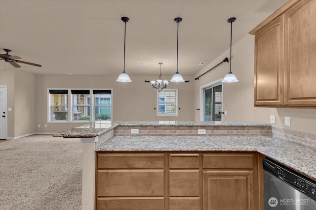 kitchen with open floor plan, a peninsula, light stone countertops, carpet floors, and stainless steel dishwasher