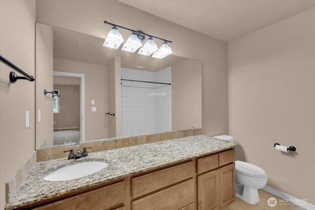 full bath featuring toilet, tile patterned floors, walk in shower, and vanity