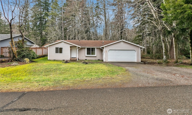 view of front of home featuring a garage, aphalt driveway, crawl space, and a front lawn