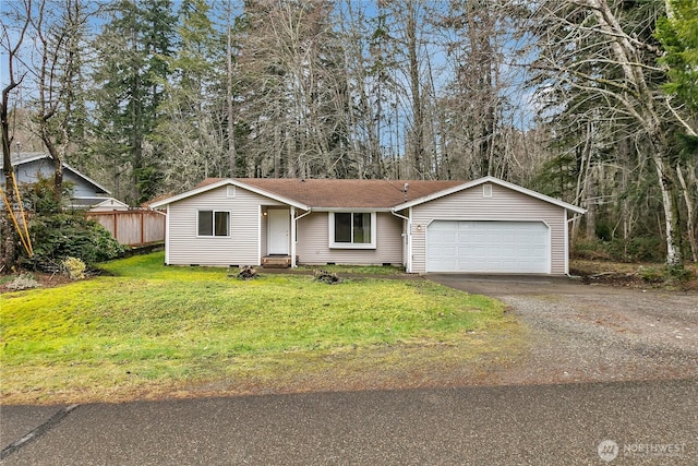 single story home featuring crawl space, aphalt driveway, a front lawn, and an attached garage