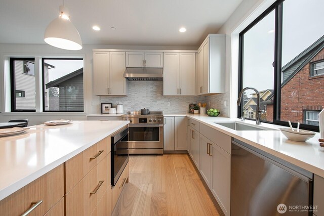 kitchen with decorative light fixtures, stainless steel appliances, light countertops, under cabinet range hood, and a sink