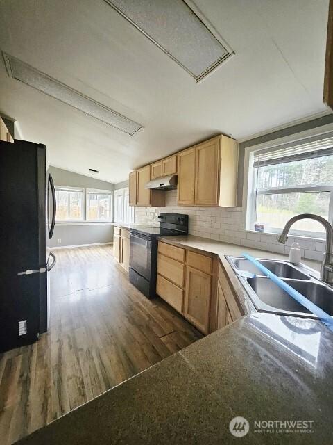 kitchen featuring under cabinet range hood, vaulted ceiling, light brown cabinetry, black appliances, and a sink