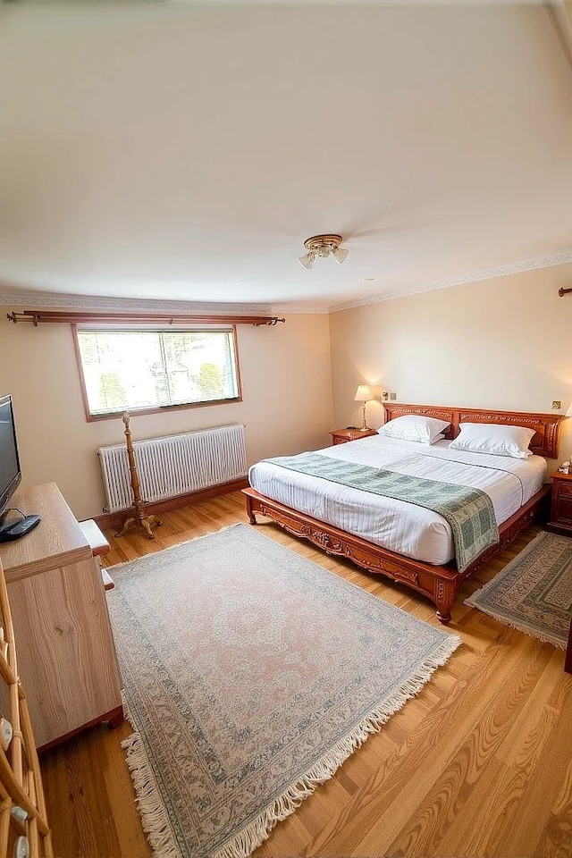 bedroom featuring radiator heating unit and wood finished floors