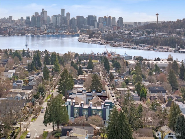 drone / aerial view featuring a water view