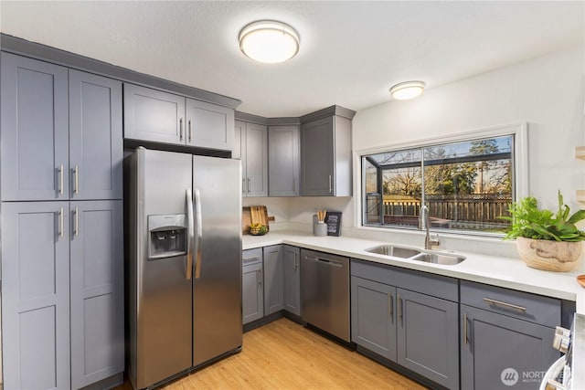 kitchen featuring stainless steel appliances, a sink, light countertops, and gray cabinetry