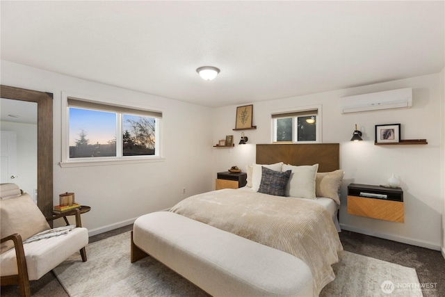 carpeted bedroom with baseboards and a wall mounted AC