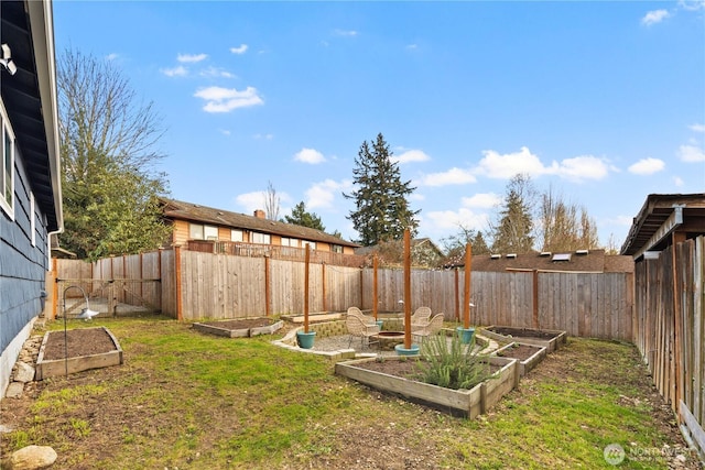 view of yard with a garden and a fenced backyard