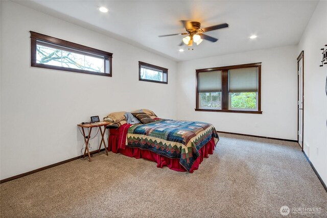 carpeted bedroom with ceiling fan, recessed lighting, and baseboards