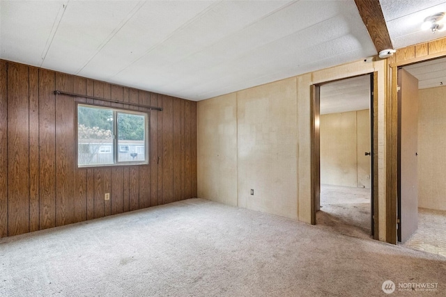 carpeted empty room with wood walls