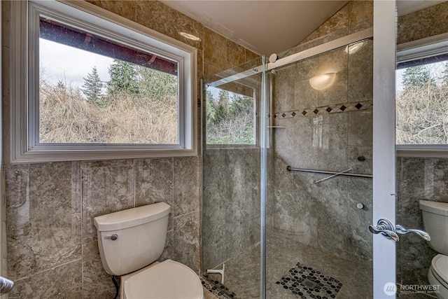 bathroom featuring toilet, plenty of natural light, a tile shower, and lofted ceiling