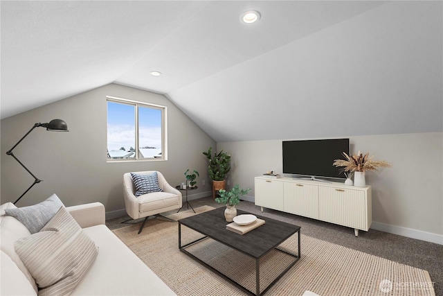 living area with recessed lighting, baseboards, vaulted ceiling, and light colored carpet