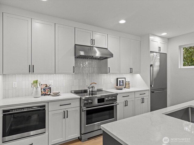 kitchen featuring tasteful backsplash, white cabinets, premium appliances, under cabinet range hood, and recessed lighting