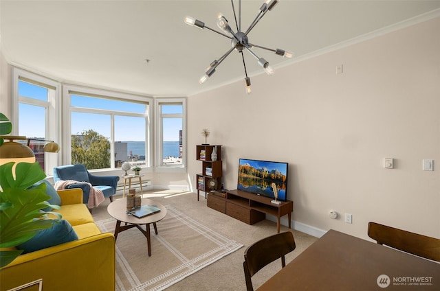carpeted living area with ornamental molding and baseboards