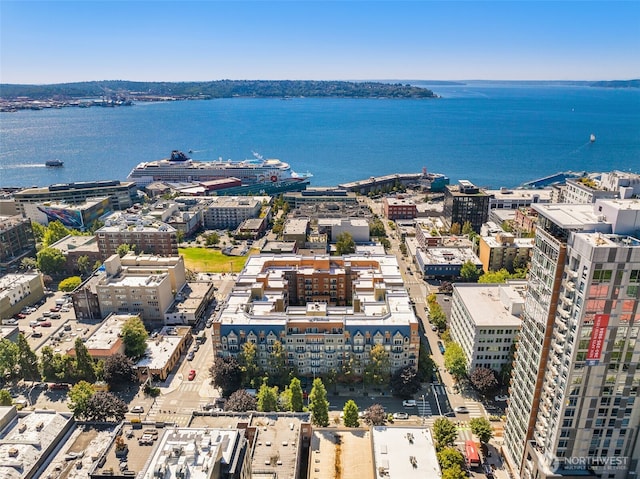 aerial view featuring a view of city and a water view