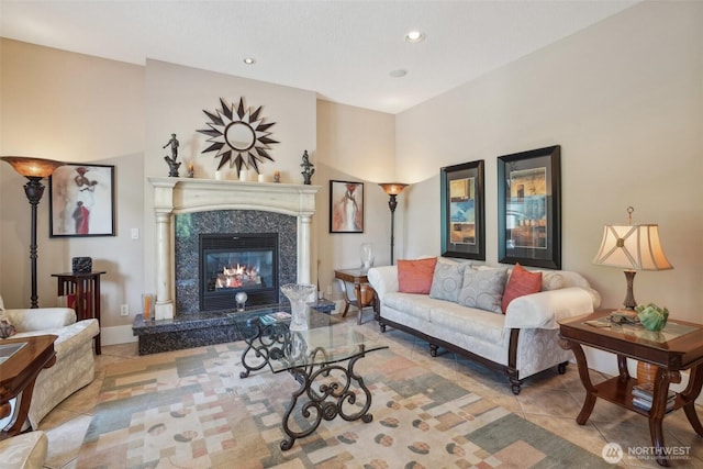 113 Northridge Dr, Ridgefield, WA 98642 - tiled living room with a high end fireplace and recessed lighting