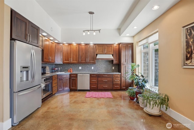 113 Northridge Dr, Ridgefield, WA 98642 - kitchen featuring backsplash, concrete floors, appliances with stainless steel finishes, and under cabinet range hood