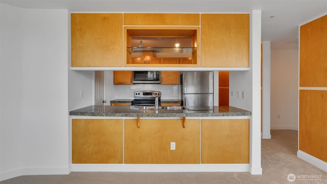 300 110th Ave NE Unit 605, Bellevue, WA 98004 - kitchen featuring appliances with stainless steel finishes, baseboards, a peninsula, a sink, and carpet
