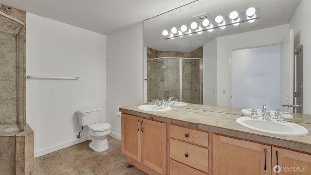 300 110th Ave NE Unit 605, Bellevue, WA 98004 - bathroom featuring a stall shower, toilet, double vanity, and baseboards