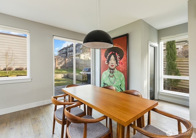 dining room with light wood finished floors and baseboards