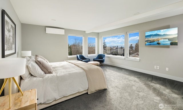 carpeted bedroom featuring a wall mounted air conditioner and baseboards