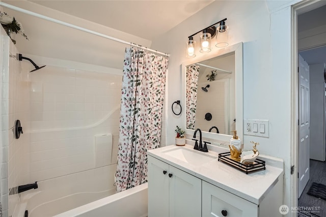 full bath featuring shower / bathtub combination with curtain and vanity