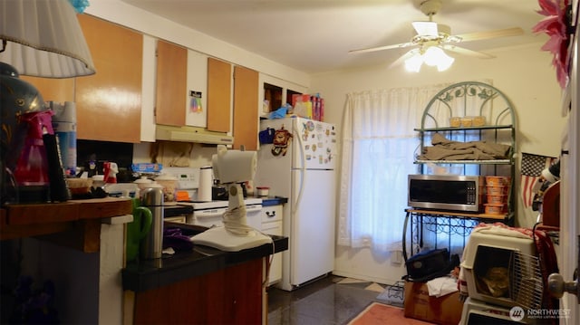 kitchen featuring freestanding refrigerator, stainless steel microwave, ceiling fan, and under cabinet range hood