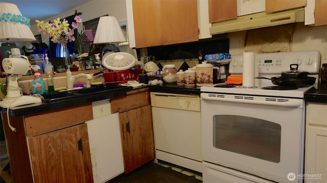 kitchen with white appliances, a sink, and under cabinet range hood