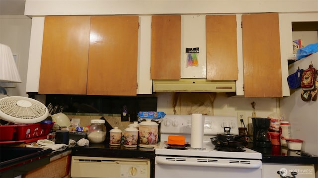 kitchen with dishwashing machine, under cabinet range hood, brown cabinetry, and white electric range