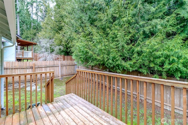 wooden deck with a fenced backyard