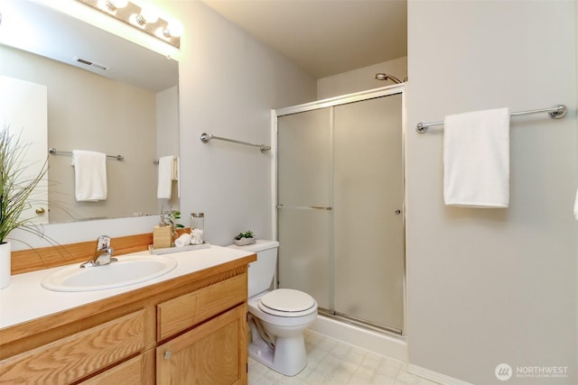 full bath with a stall shower, visible vents, vanity, and toilet